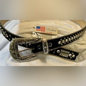 NWT B.B Simon black cowhide leather women’s belt studded with Swarovski crystals